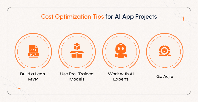 Tips to reduce AI app development cost: start lean, use pre-trained models, hire AI experts, and follow agile development.