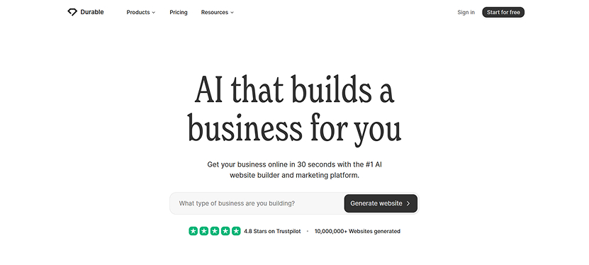 Durable using AI for Web Development to help businesses auto-generate websites with design, content, and hosting.