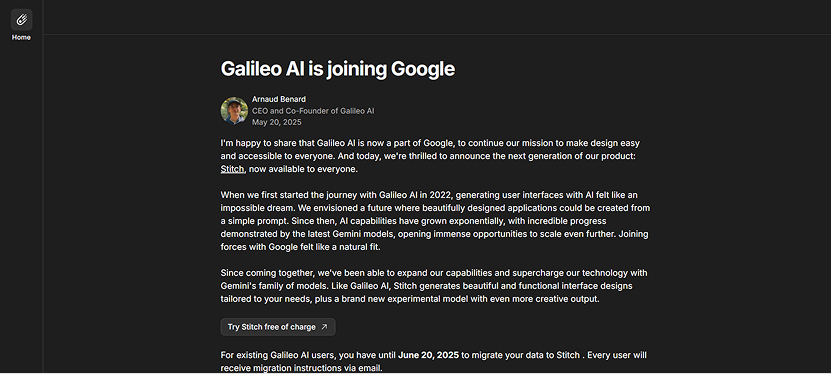 Galileo leveraging AI for Web Development to create modern UI designs and transform ideas into functional interfaces.