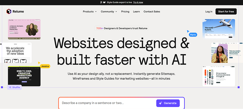 Relume using AI for Web Development to generate site structures, components, and wireframes for faster web creation.