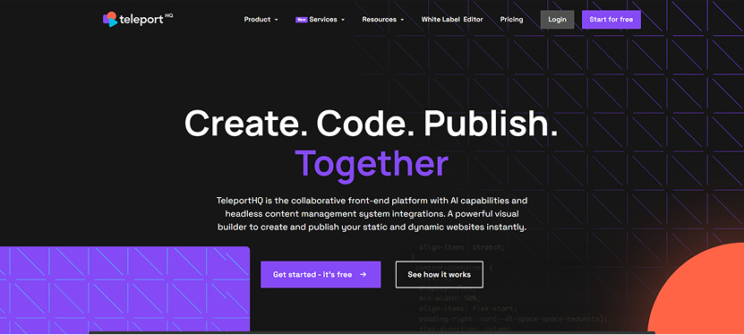 TeleportHQ using AI for Web Development to transform designs into responsive front-end code with real-time editing.
