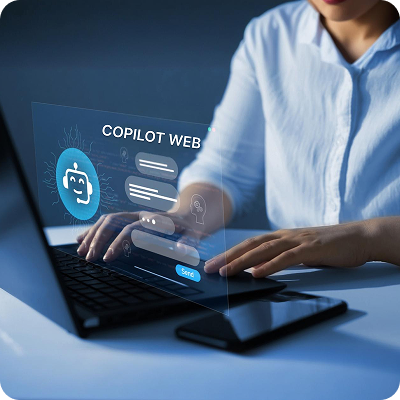 Copilot Web Development process showing AI-powered coding assistants helping developers with productivity, debugging, code generation, and learning support