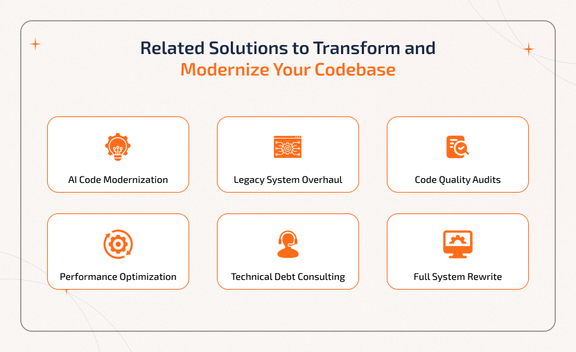 Sparkout Tech – Related Solutions to Deal with Bad Code and Modernize Your Codebase Related solutions to deal with bad code and modernize your codebase at Sparkout Tech through AI code modernization, legacy system overhaul, and performance optimization.