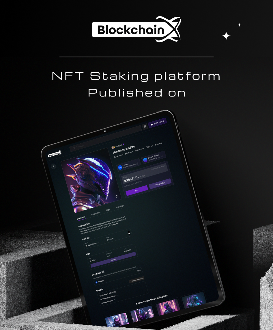BlockchainX is a robust NFT staking platform enabling users to earn rewards while securing digital assets on the blockchain.