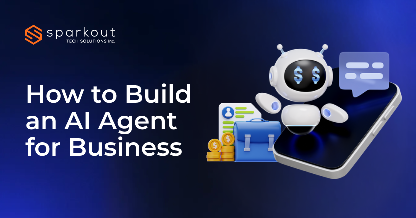 How to build an AI agent for business showing planning, data integration, model training, workflow automation, and structured deployment process flow