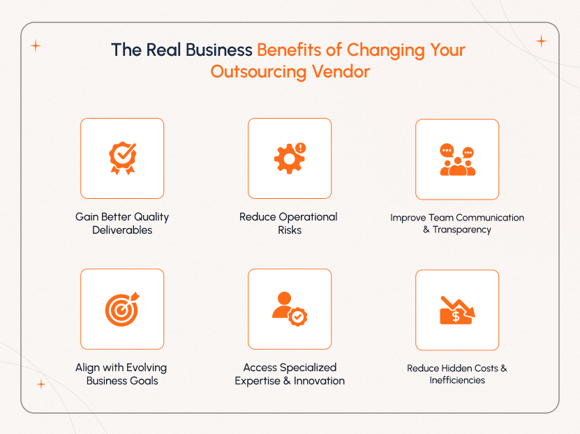Real Business Benefits When You Replace Outsourcing Company for Better Results Business leaders discussing the benefits of replacing an outsourcing company to improve quality, reduce risks, and boost long-term growth
