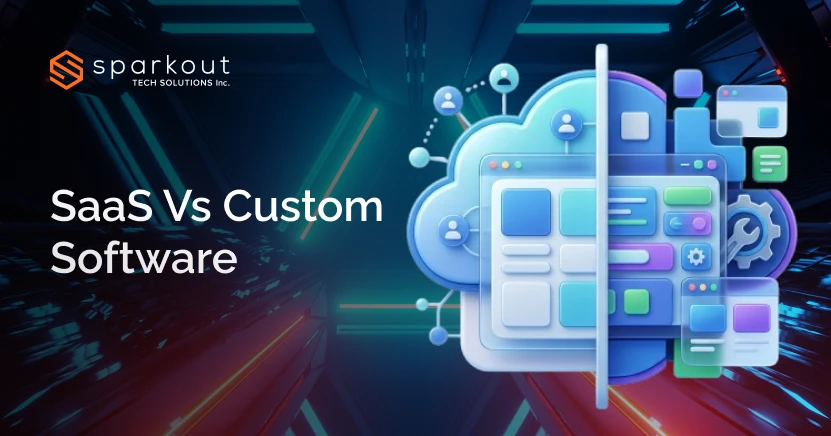 Infographic comparing SaaS and custom software to help choose the right solution based on flexibility, cost, and scalability