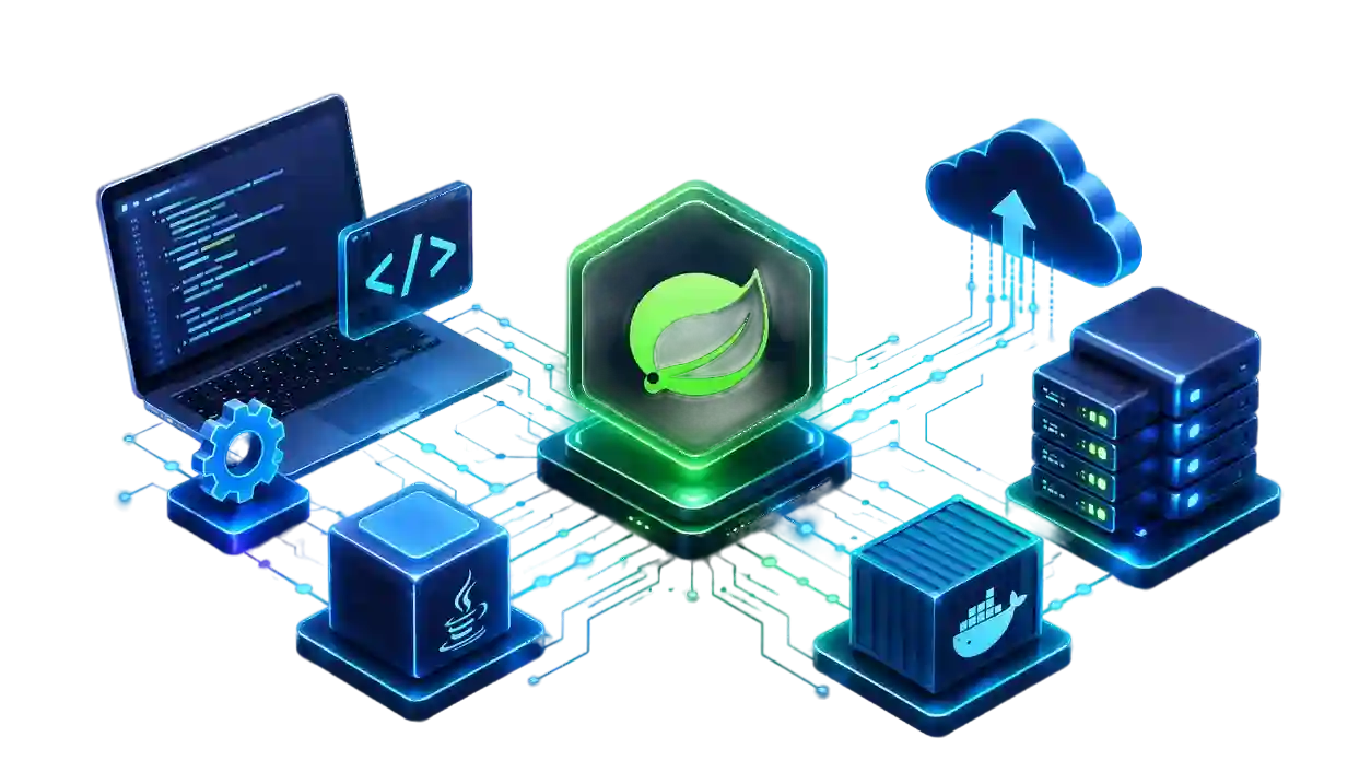 Spring Boot application build and deployment guide showing backend architecture, packaging, cloud deployment, and monitoring workflow