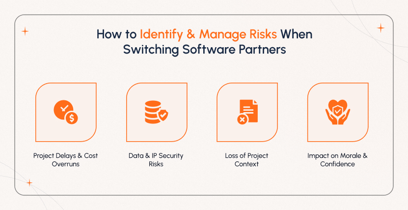 How to identify and manage risks when switching software development partners including project delays, security issues, and team morale impact.
