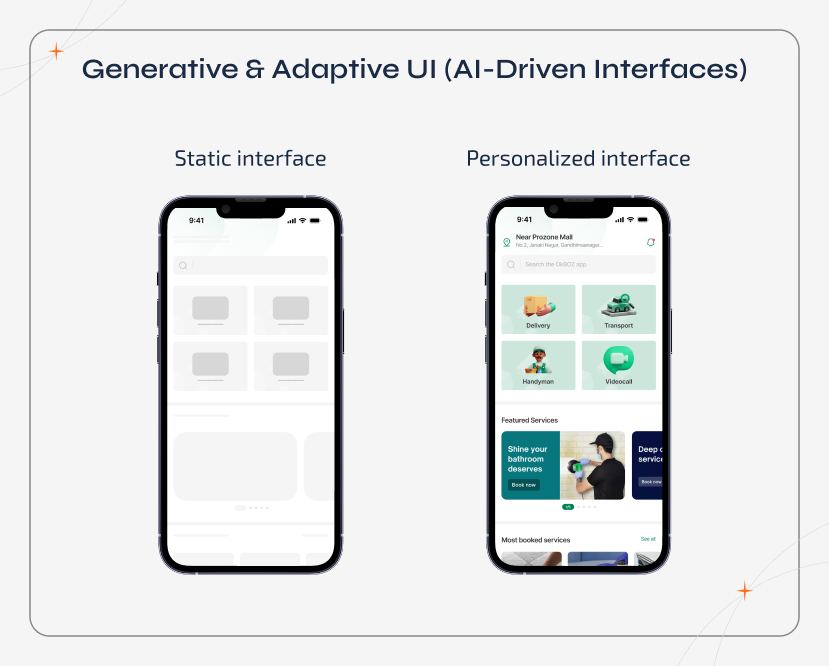 UI/UX Design Trends showcasing generative and adaptive AI-driven interfaces that personalize layouts, reduce cognitive load, and improve user engagement